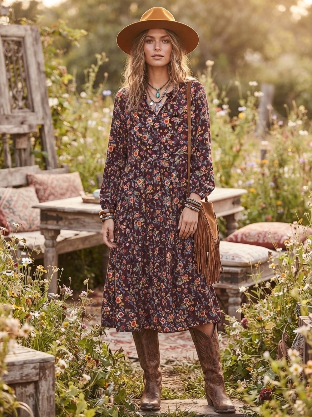 🌸OLD NAVY Floral Tiered Ditsy Midi Swing Dress Boho Size M